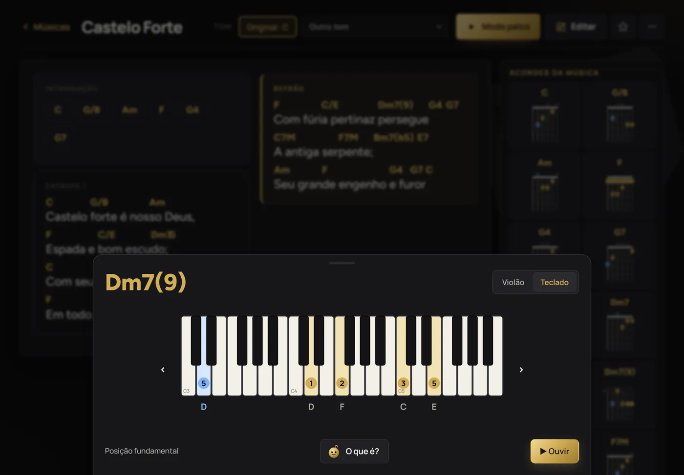 O acorde Dm7(9) desenhado no teclado