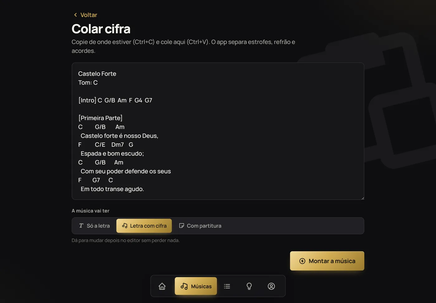 A tela Colar cifra com o Castelo Forte colado