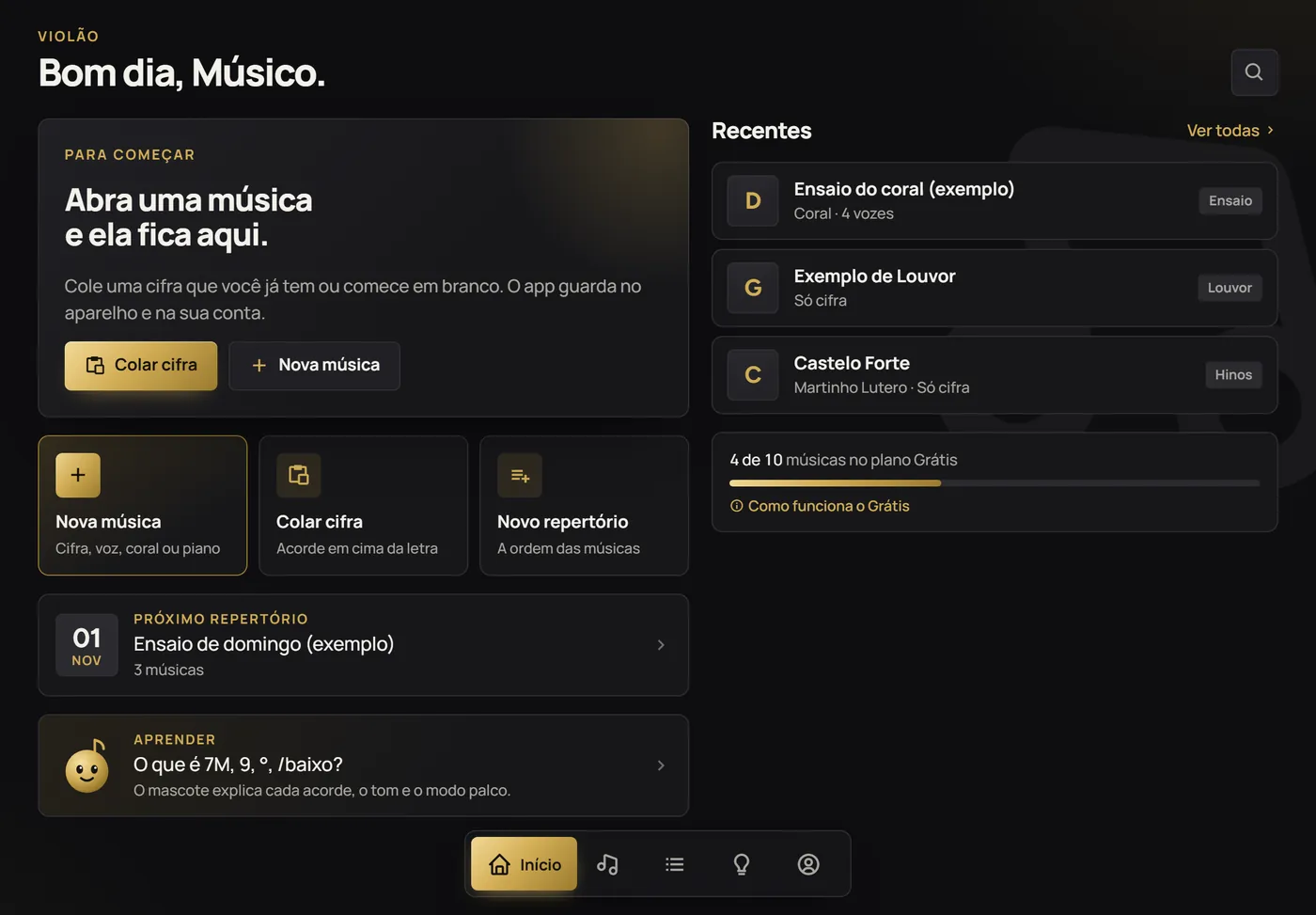 A tela de início do app no tablet: continuar de onde parou, atalhos e repertório