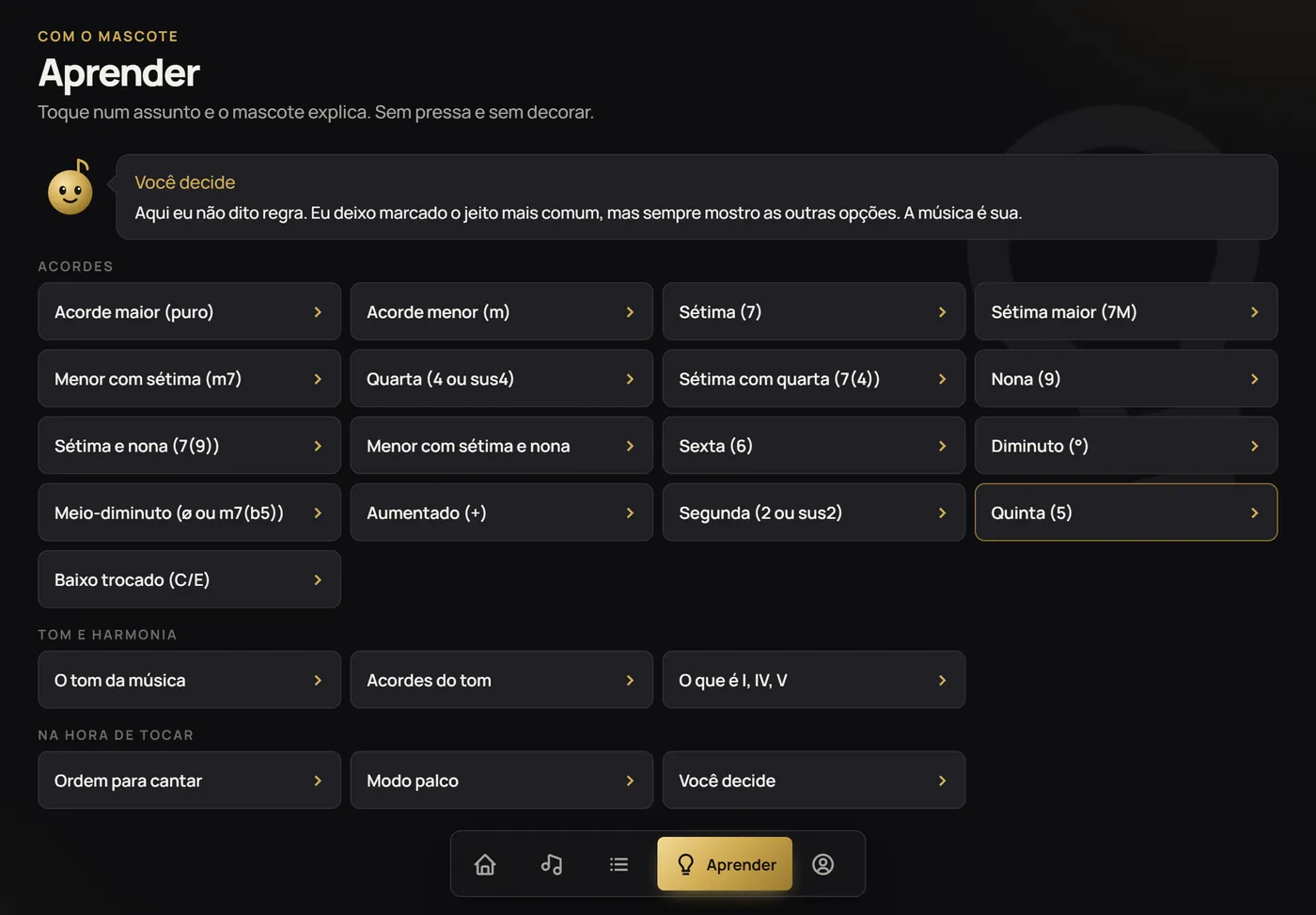 A área Aprender, com o Asafe explicando os acordes
